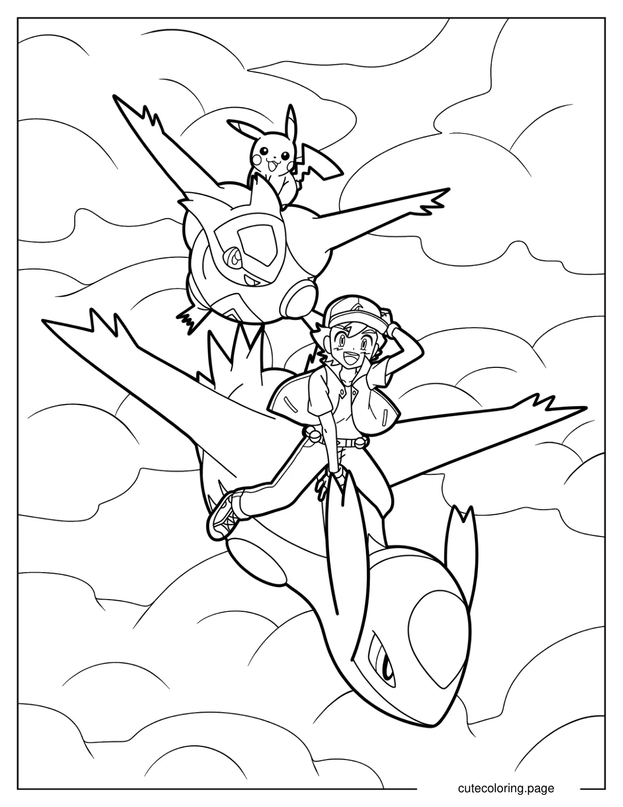 Ash Ketchum And Pikachu Riding On Latios Pokemon Coloring Page coloring page