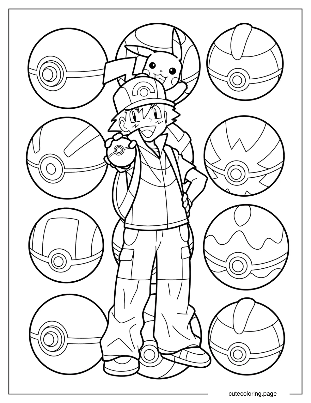 Ash Ketchum And Pikachu With Pokeballs In The Background coloring page