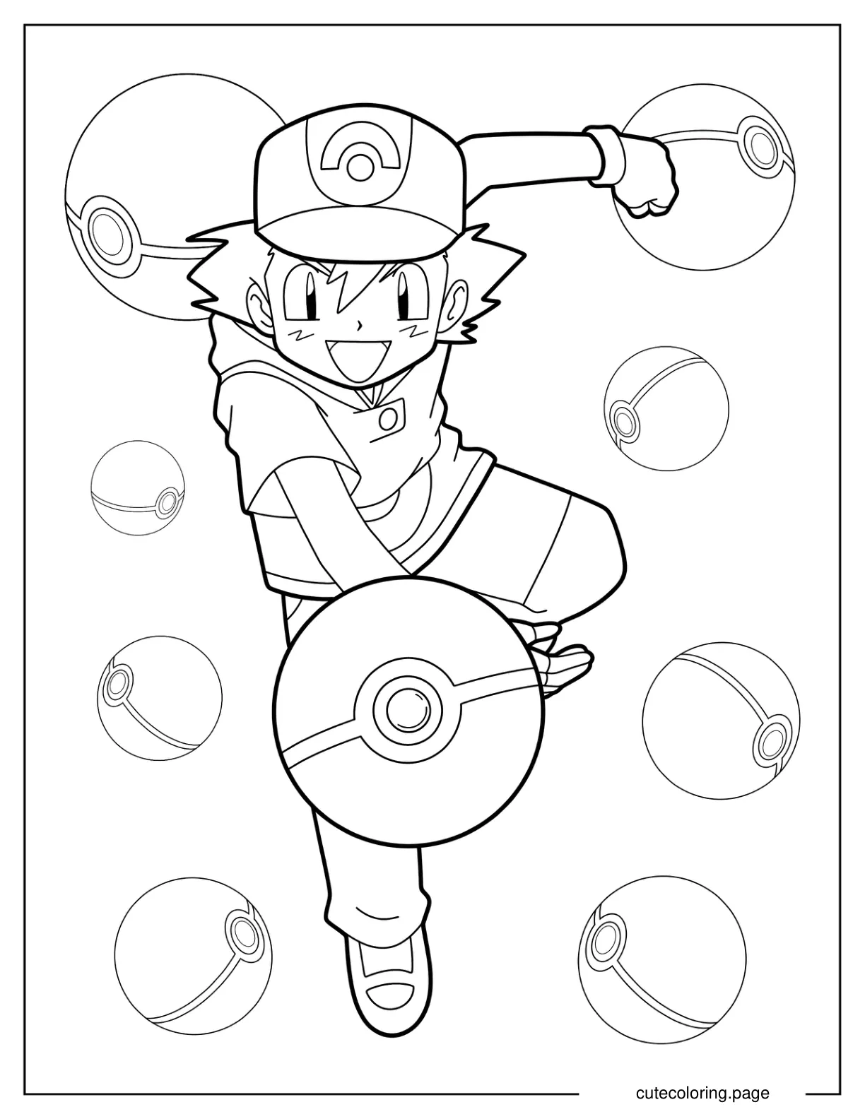 Ash Ketchum Throwing A Pokeball Coloring Page For Kids coloring page