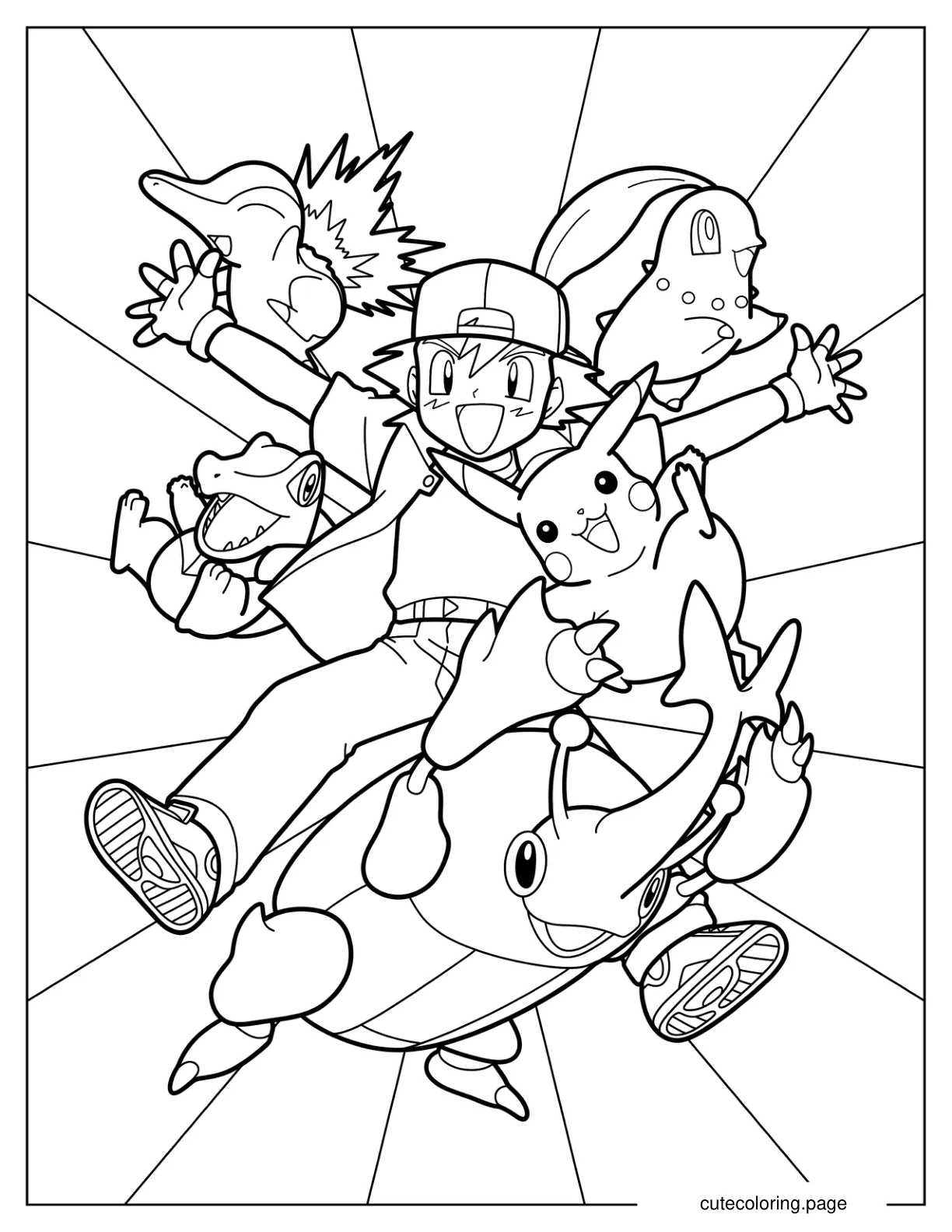 Ash Ketchum With Cyndaquil Totodile Chikorita Pikachu And Heracross coloring page