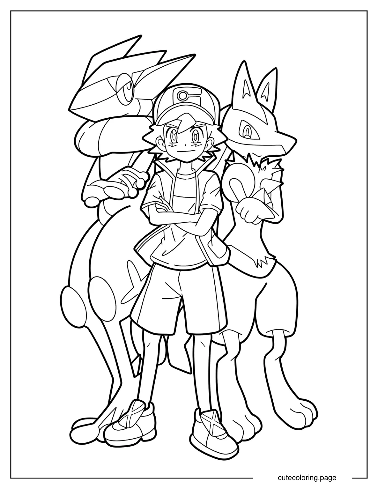 Ash Ketchum With Greninja And Lucario Coloring Page coloring page