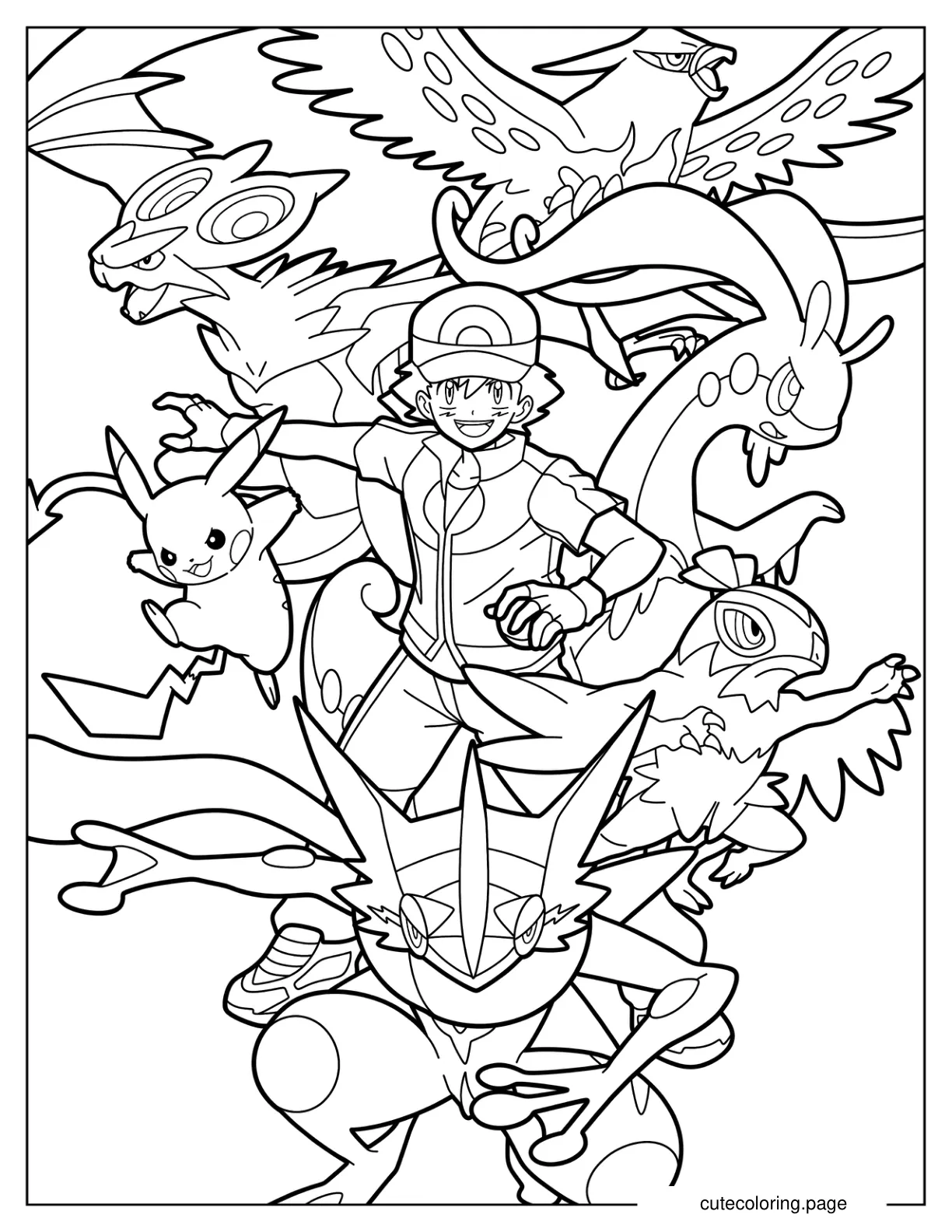 Ash Ketchum With Greninja Pikachu Noivern Goodra And Hawlucha coloring page