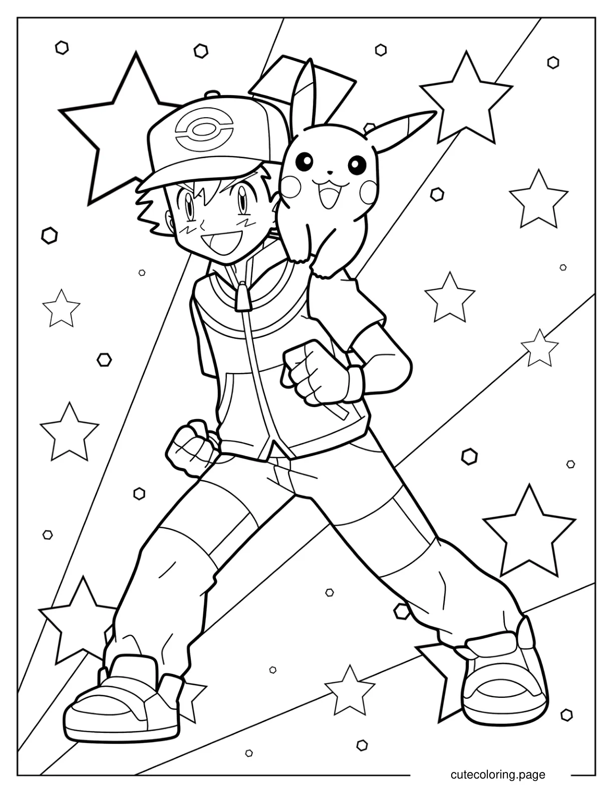 Ash Ketchum With Pikachu On His Shoulder Coloring Page For Kids coloring page