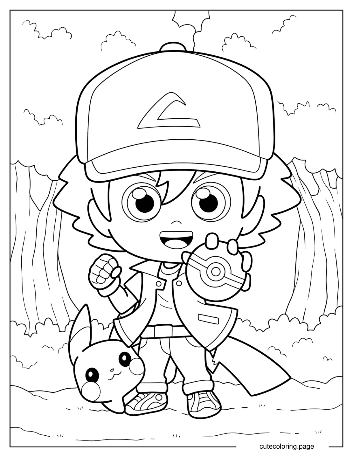 Cute Chibi Ash Ketchum With Pikachu Coloring Sheet For Preschoolers coloring page