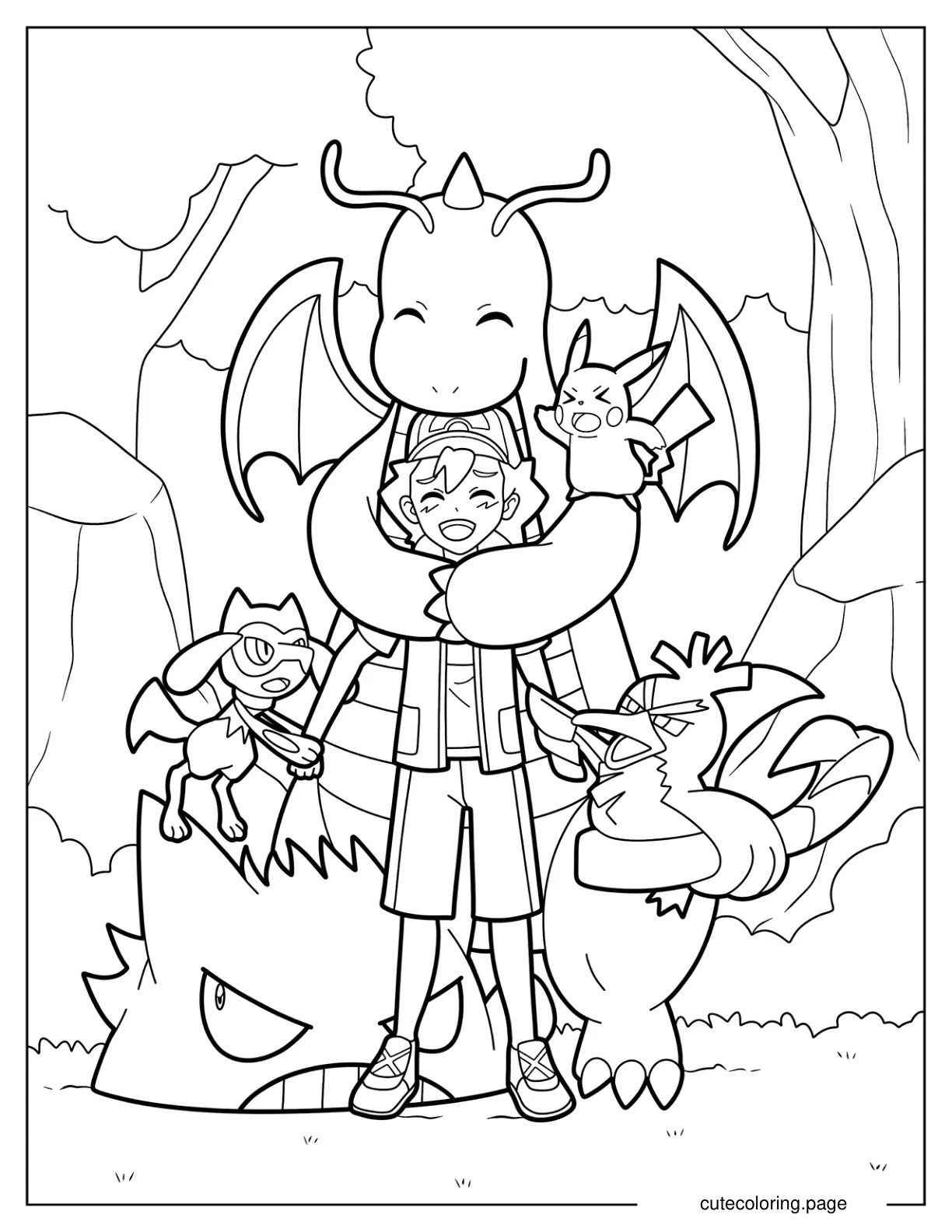 Dragonite Pikachu Gengar And Lucario Surrounding Ash Ketchum coloring page