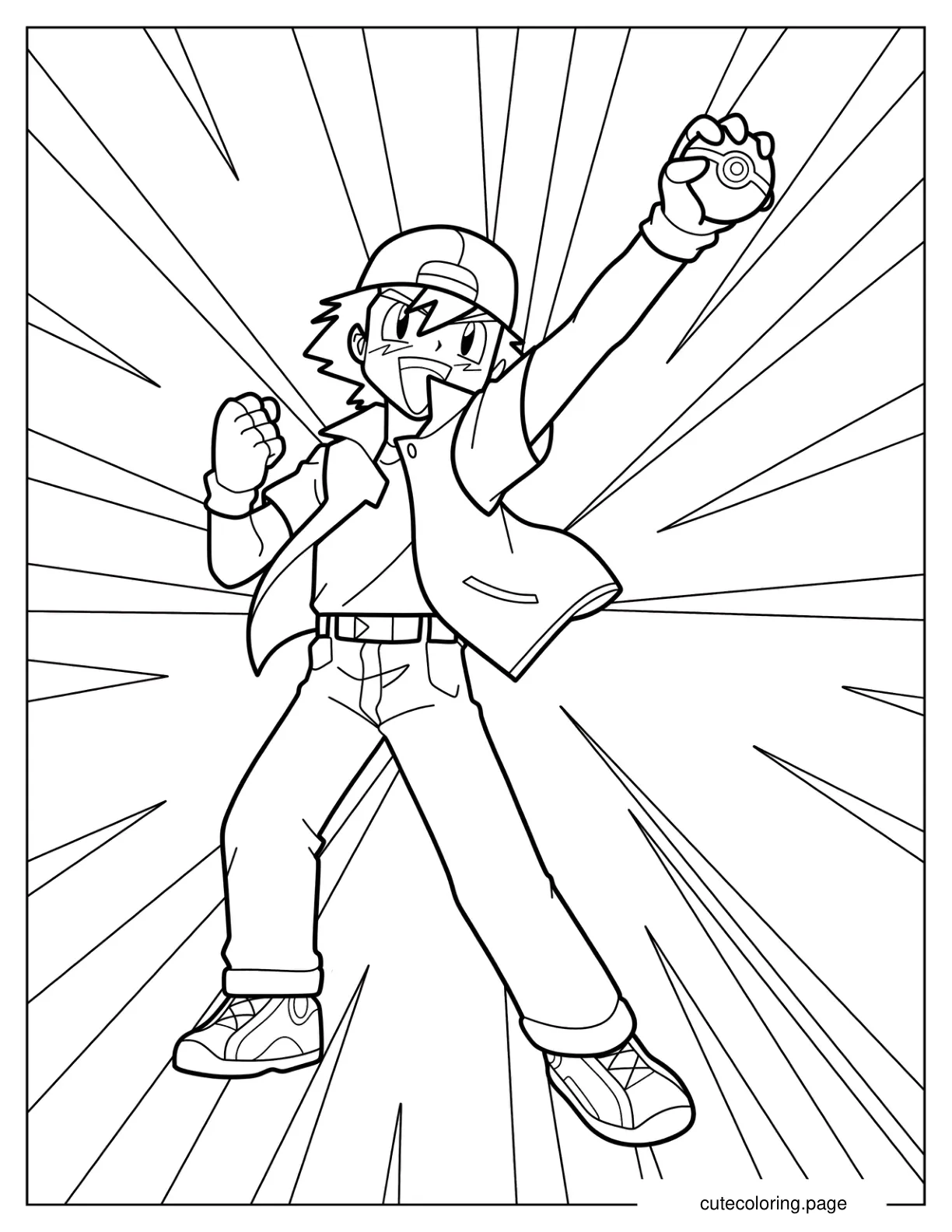 Easy Ash Ketchum Holding Up A Pokeball Coloring Page For Kids coloring page