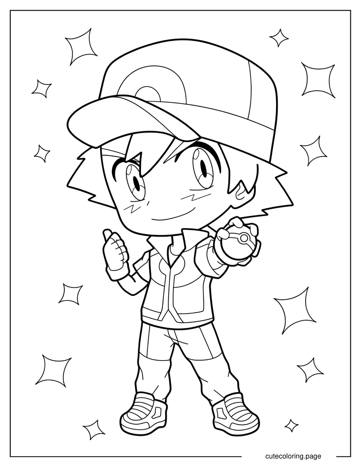 Kawaii Chibi Ash Ketchum Holding Pokeball Coloring Page For Preschoolers coloring page