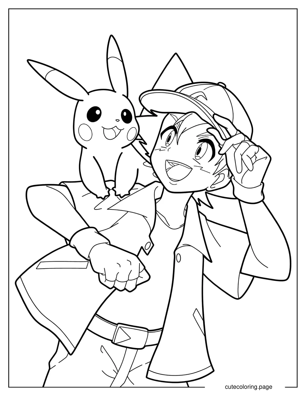 Pikachu And Ash Ketchum Smiling At One Another Coloring Page coloring page