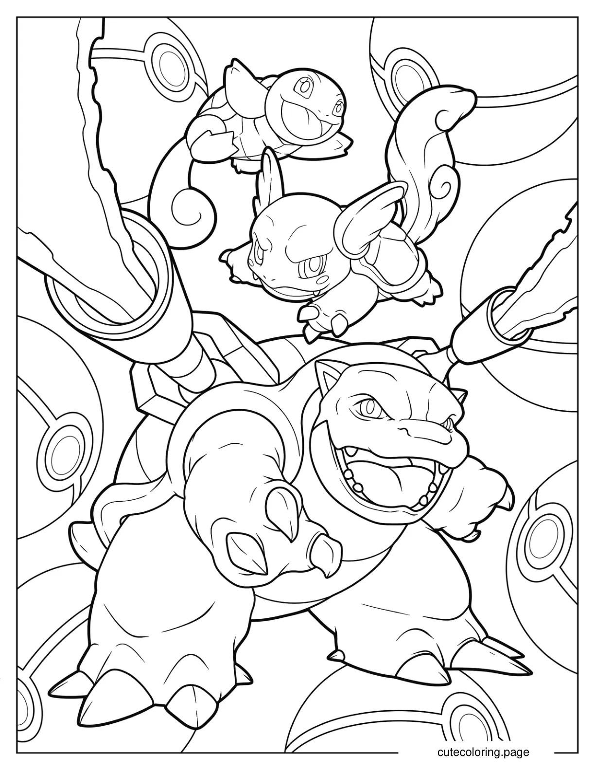 Detailed Squirtle Wartortle And Blastoise With Pokeballs coloring page