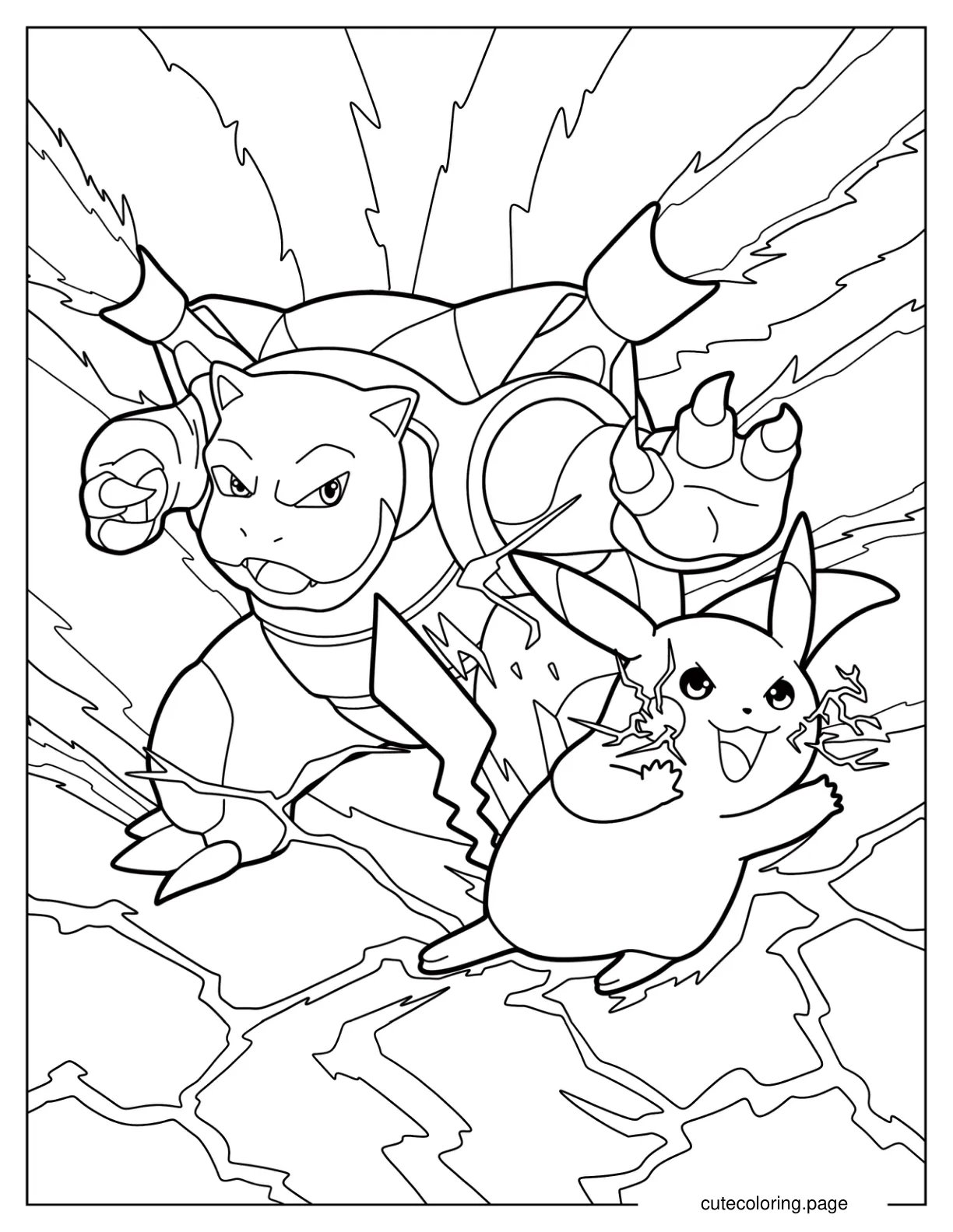 Mega Blastoise Battling Alongside Pikachu Coloring Sheet coloring page