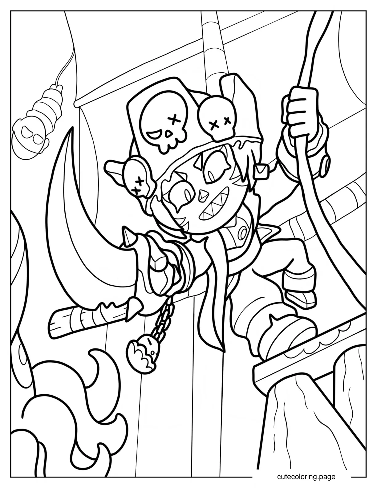 Scary Cursed Pirate Brawler Holding Sword On Ship Coloring Sheet coloring page