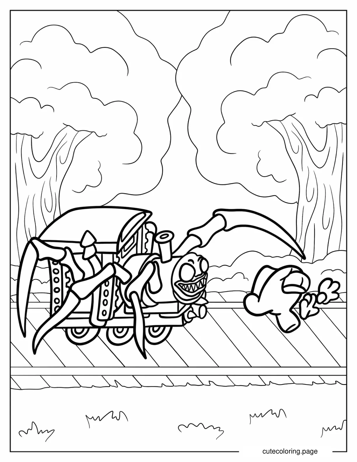 Chibi Choo Choo Charles Reaching For Crewmate Coloring Page For Kids coloring page