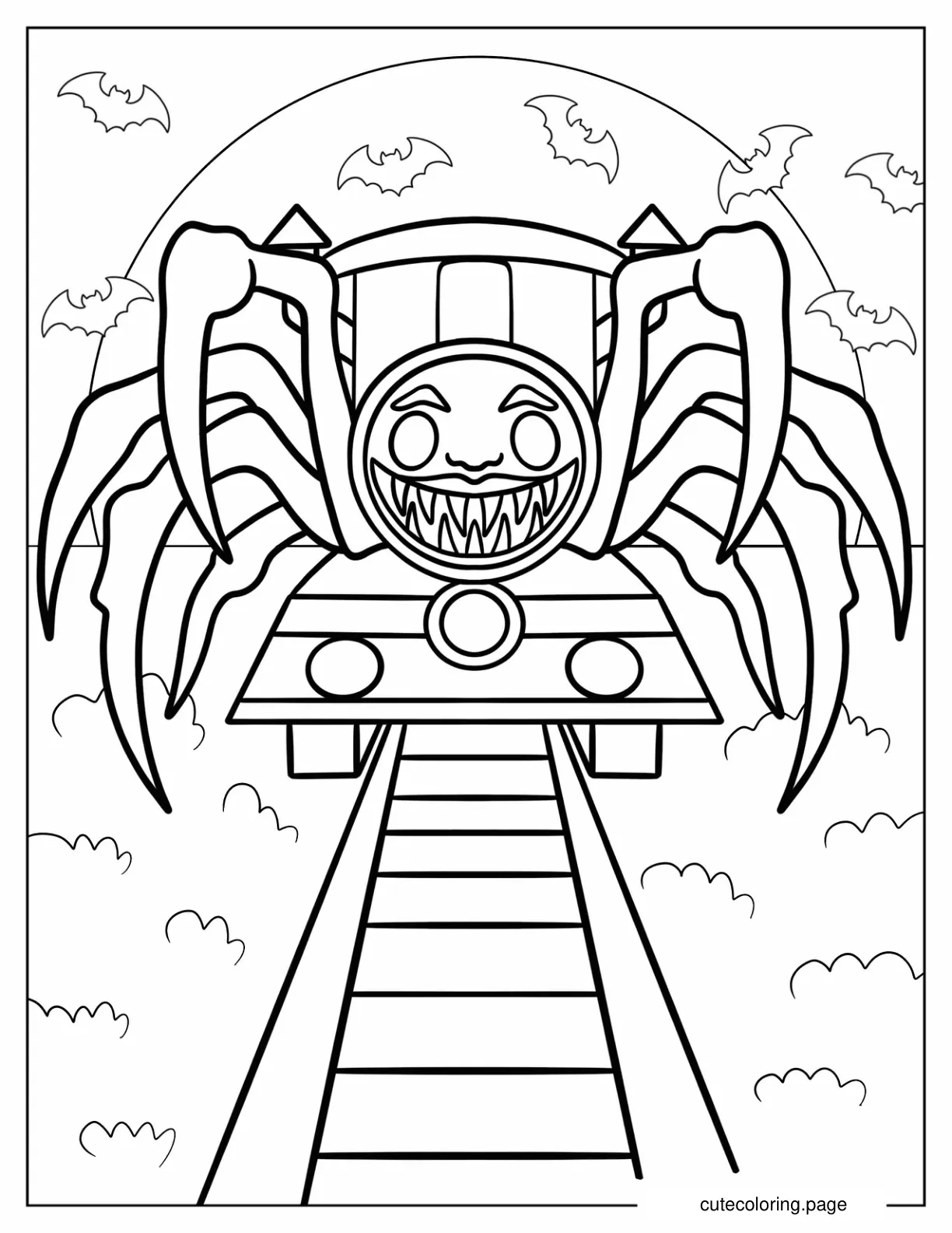 Choo Choo Charles On The Rail Tracks With Bats coloring page