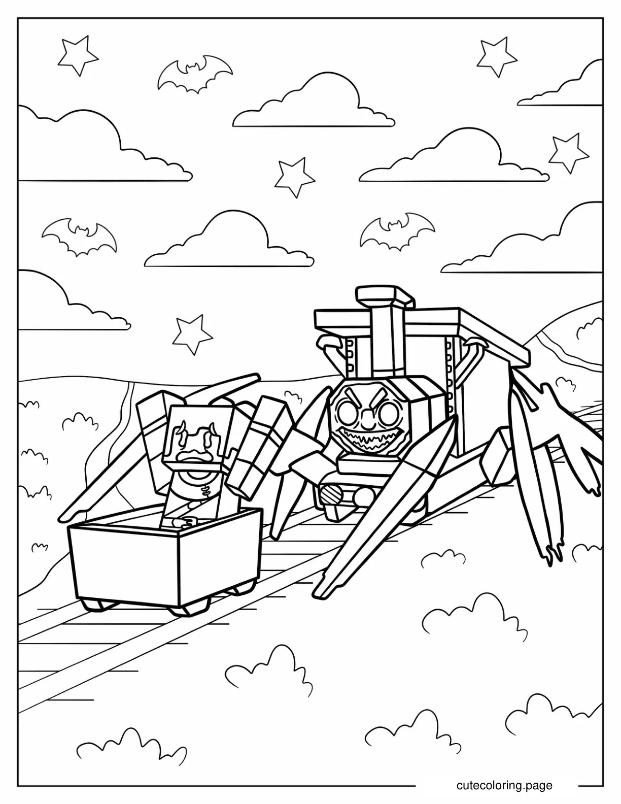 Minecraft Choo Choo Charles Chasing Someone On The Rail Tracks coloring page