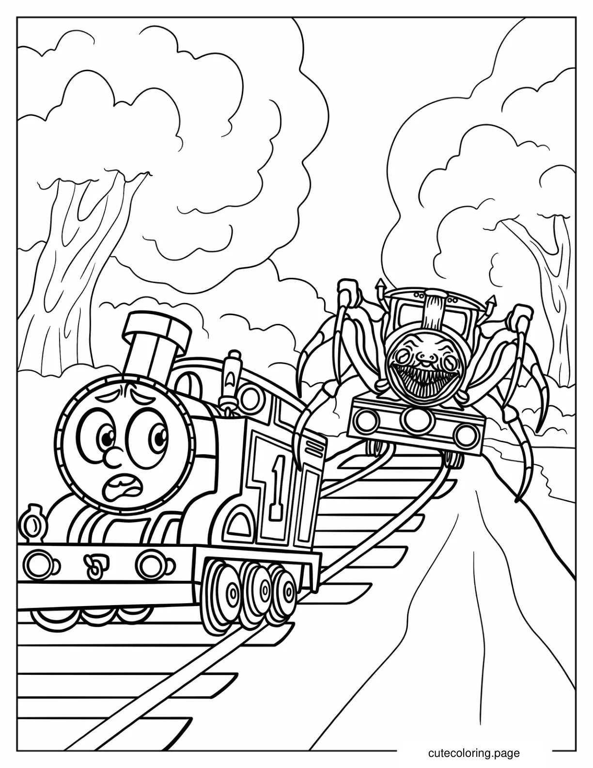 Scary Choo Choo Charles Chasing Thomas Coloring Page coloring page