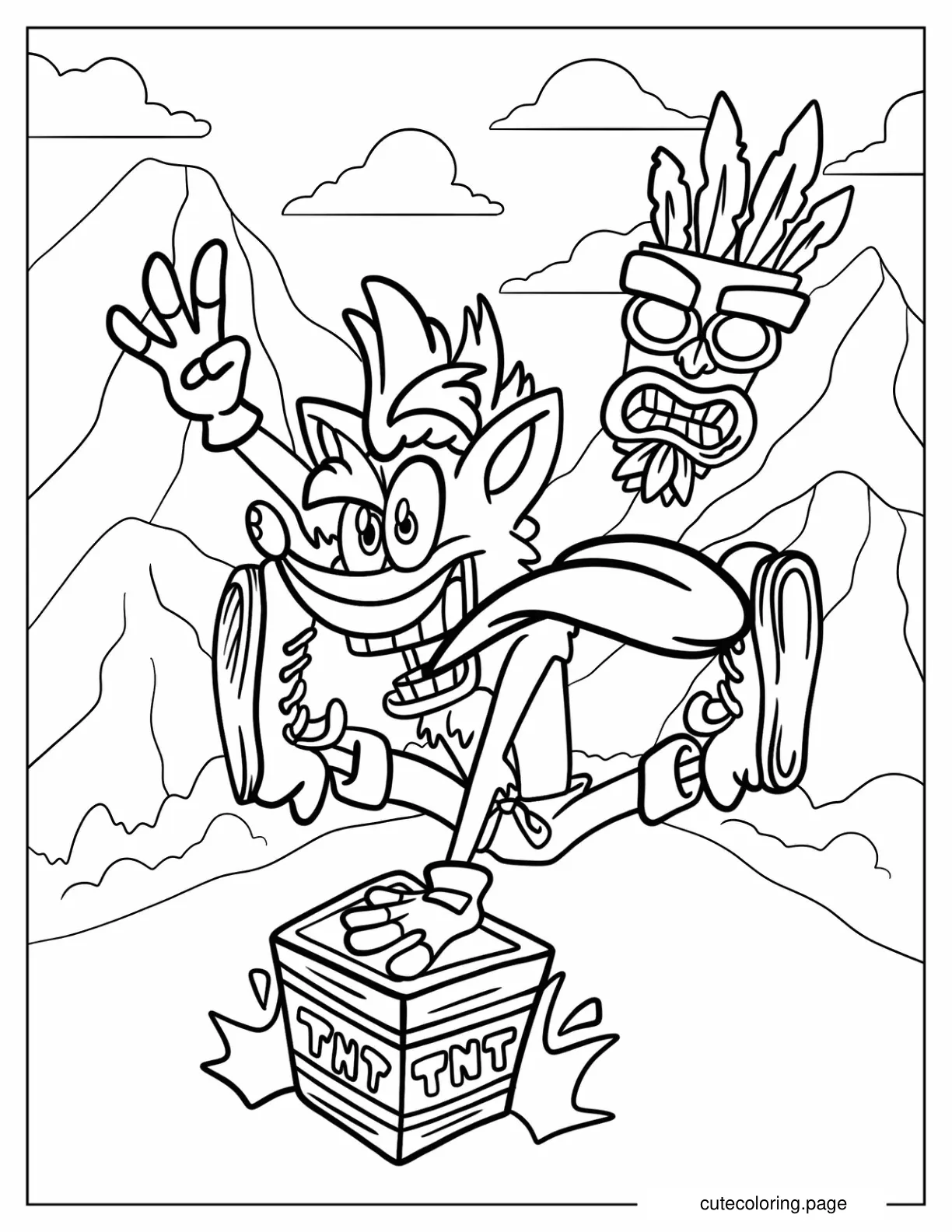 Crash Bandicoot Jumping Over TNT Box With Aku Aku coloring page