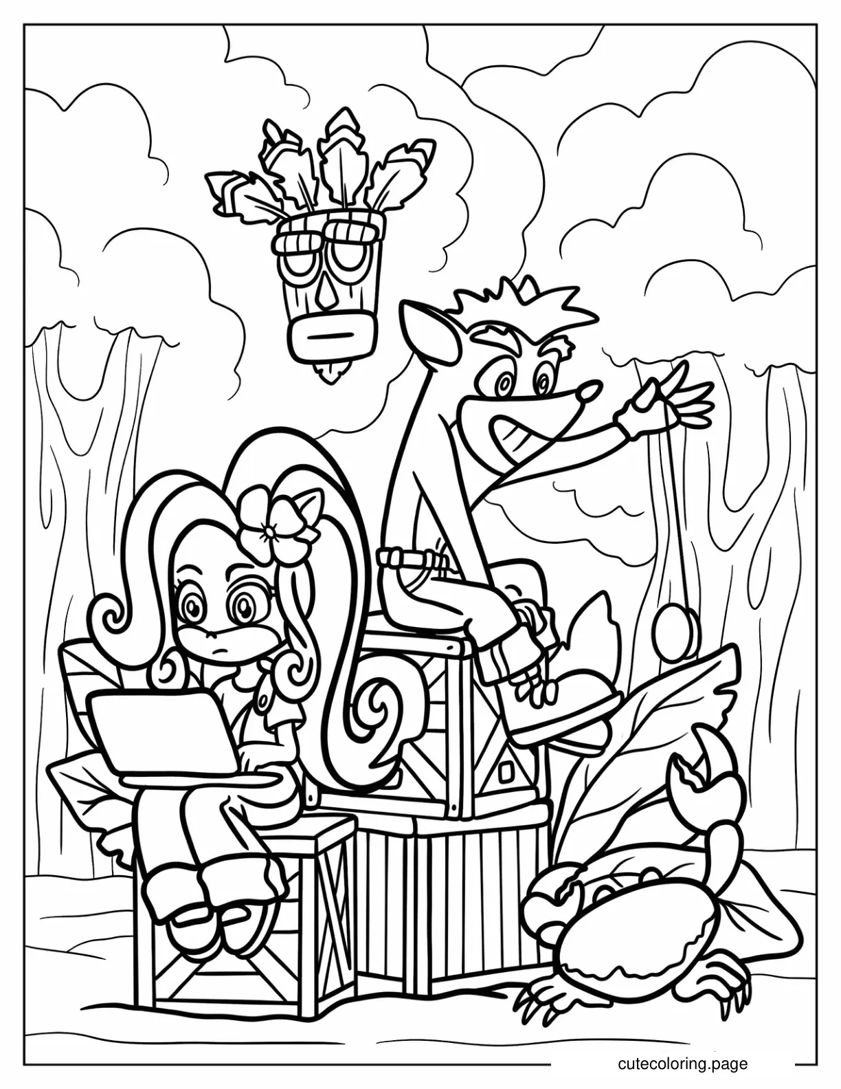 Crash Sitting On Crate Boxes With Coco Bandicoot Coloring Sheet coloring page