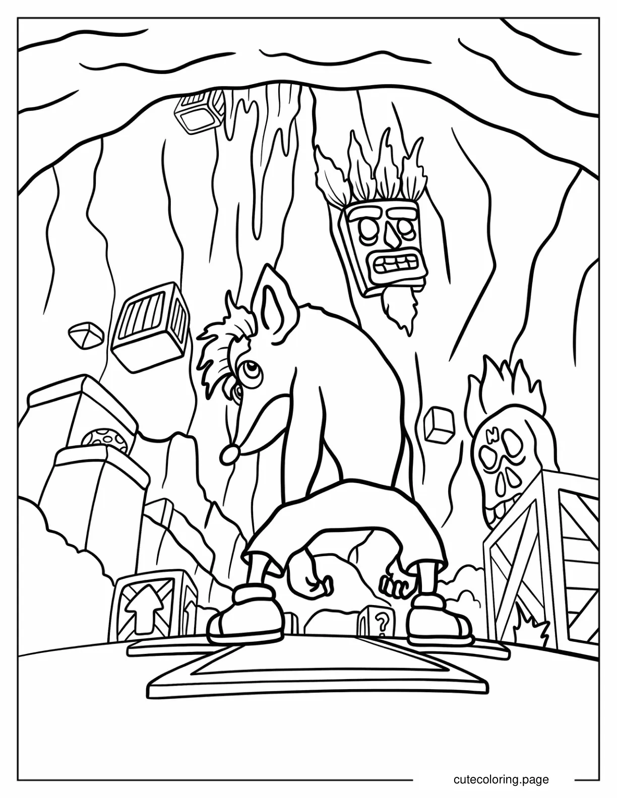 Serious Crash Bandicoot With Aku Aku And Crate Boxes Coloring Page coloring page