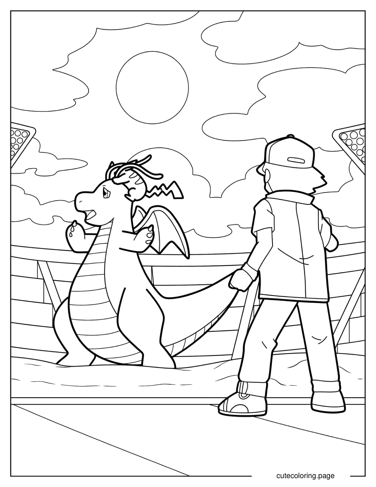 Ash Ketchum Pikachu And Dragonite In Pokemon Battle Stadium coloring page