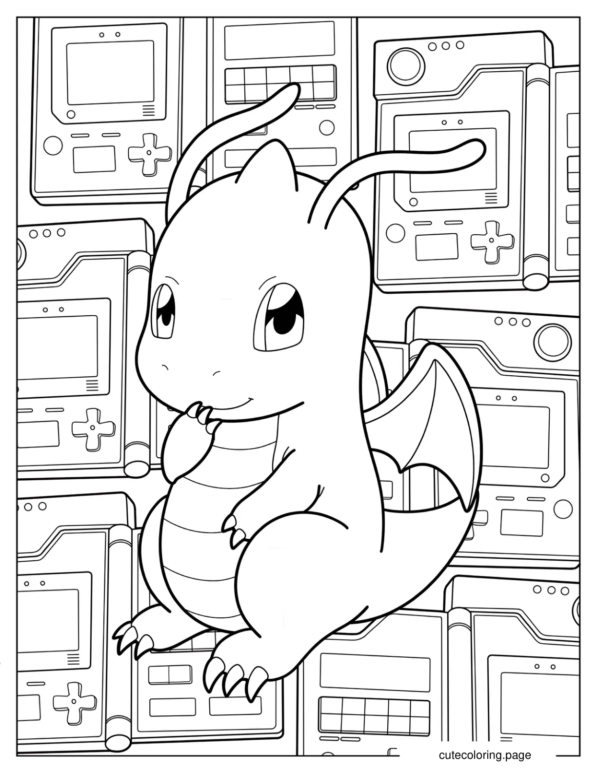 Chibi Dragonite With Gaming Consoles In The Background Coloring Page coloring page