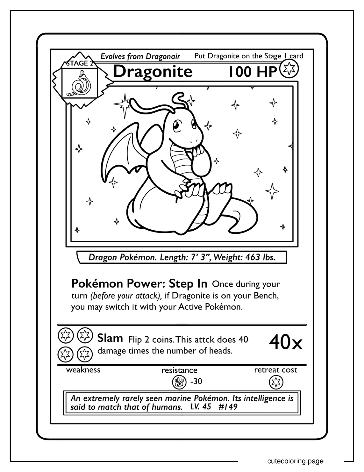 Dragonite Slam Pokemon Card coloring page