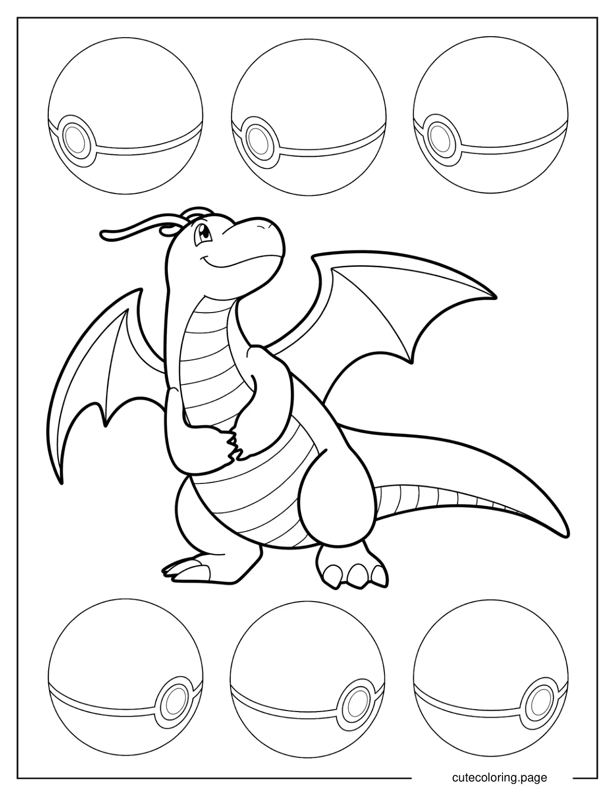 Easy Dragonite Outline With Pokeballs Coloring Page For Kids coloring page