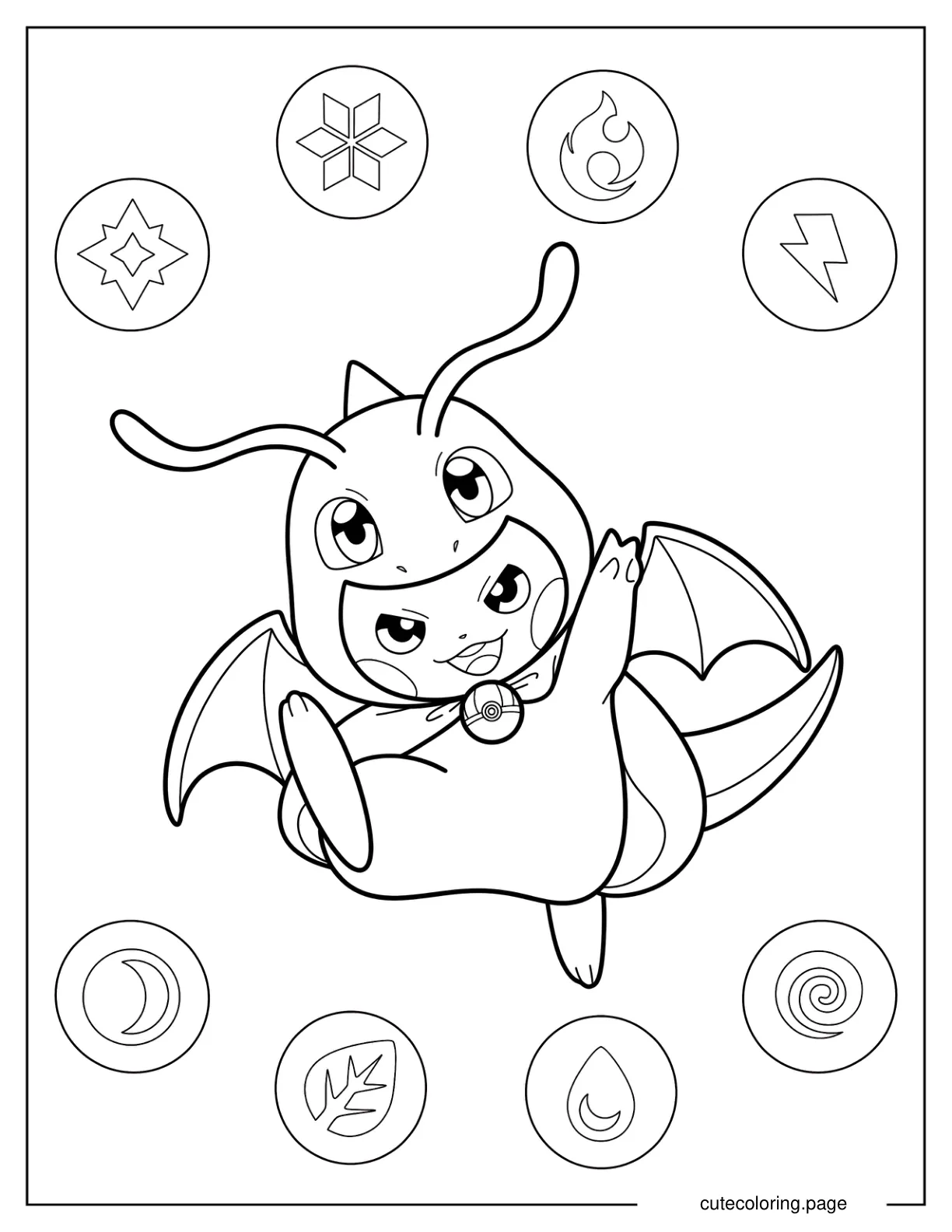 Kawaii Pikachu Dressed As Dragonite Coloring Sheet For Kids coloring page