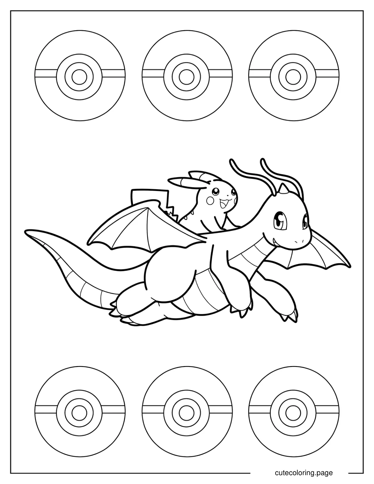 Pikachu Riding On Dragonite_s Back Coloring Sheet coloring page