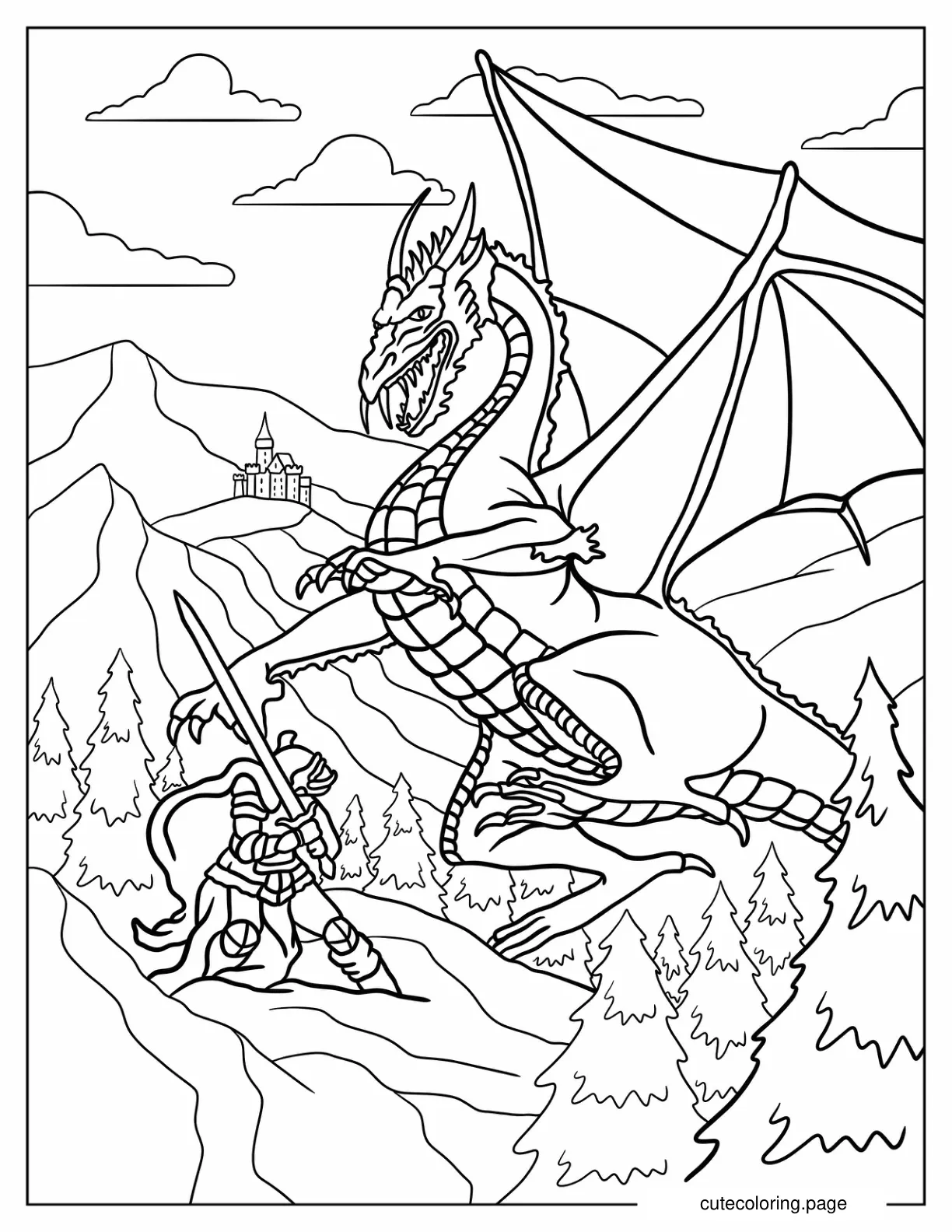 Dungeons And Dragons Fighter Against Massive Dragon coloring page