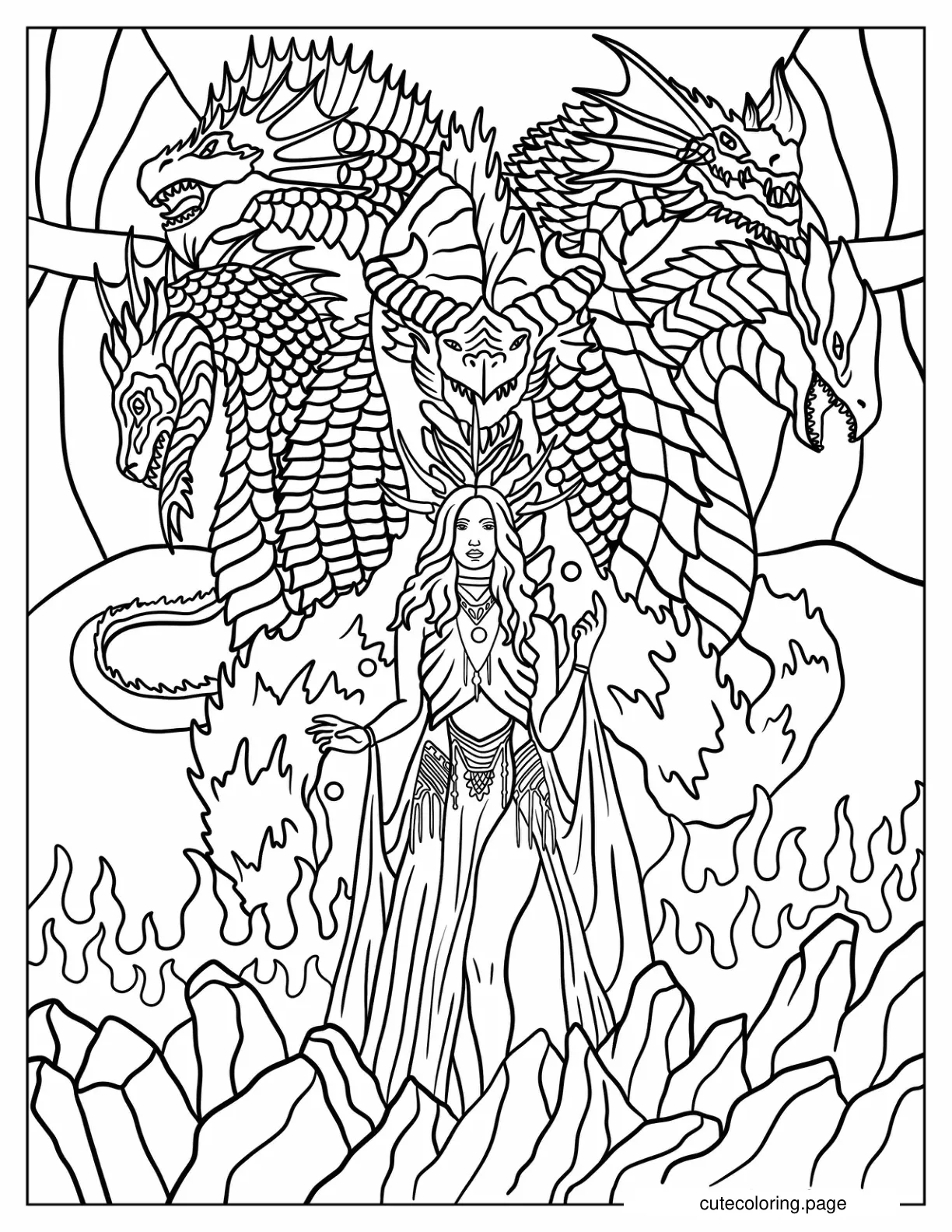 Goddess Tiamat With Five Headed Dragon Coloring Sheet coloring page