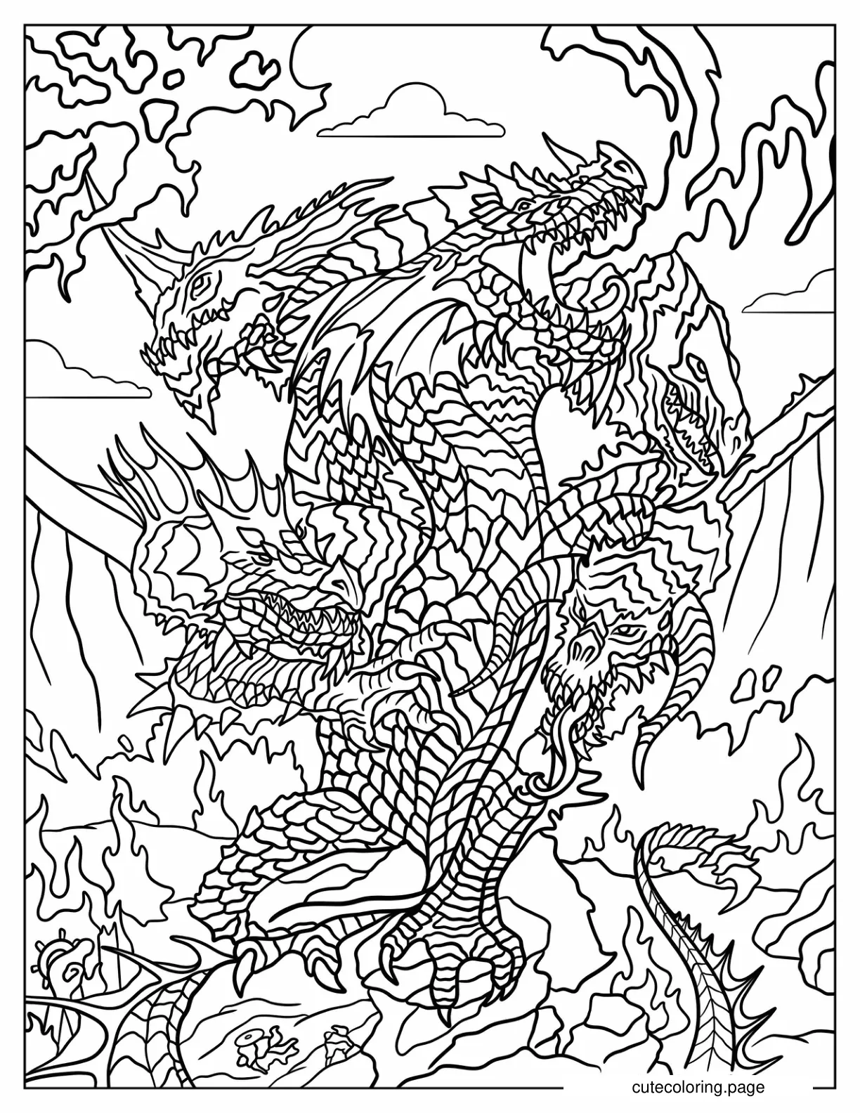 Realistic Tiamat Dragon Breathing Fire Dungeons And Dragons coloring page