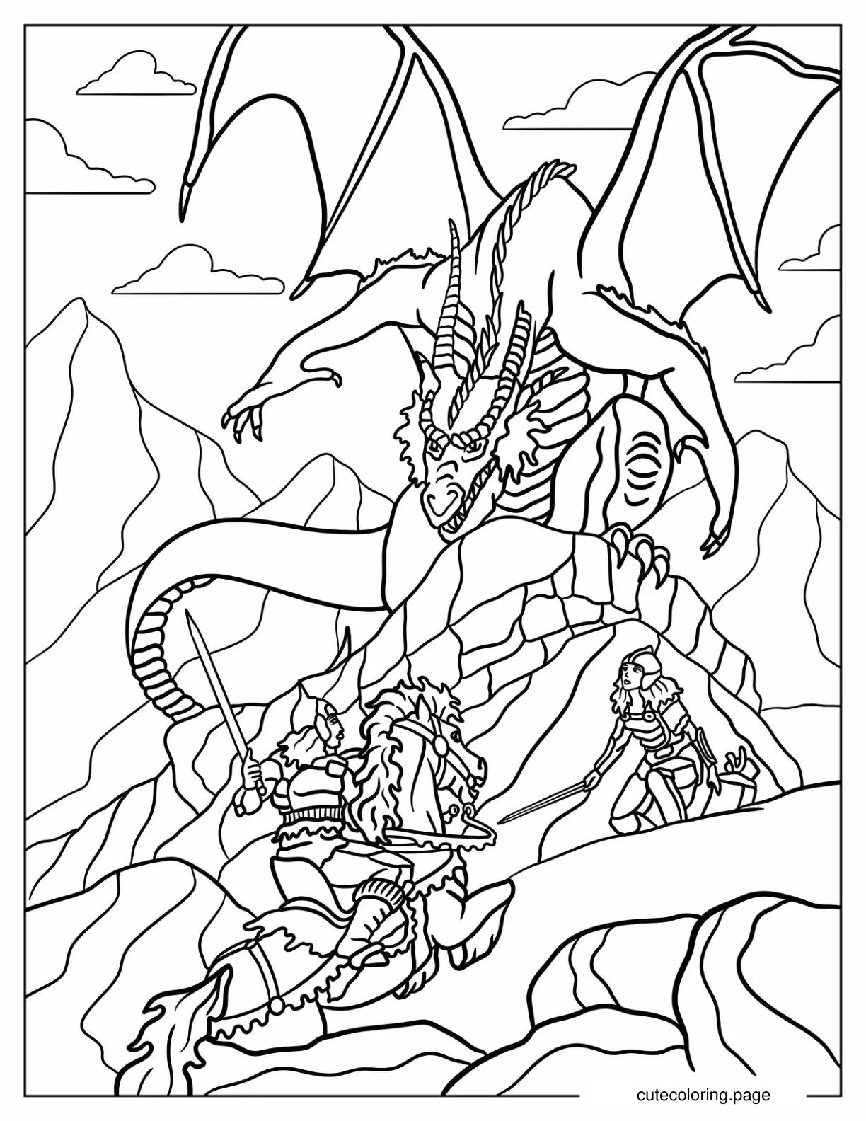 Two Fighters Battling A Dragon Coloring Sheet coloring page