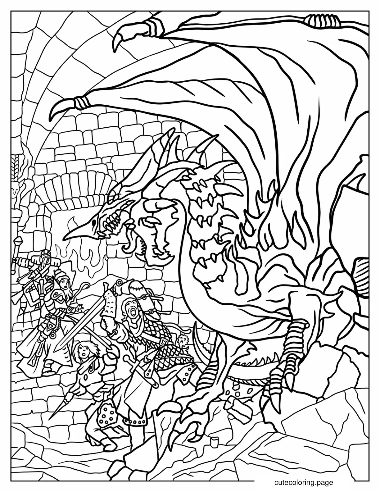 Wizard Druid Fighter And Ranger Against A Dragon Coloring Sheet coloring page