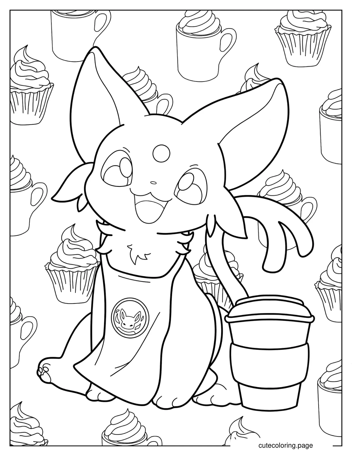 Cute Espeon In Apron With Coffee Cup Coloring Page For Kids coloring page