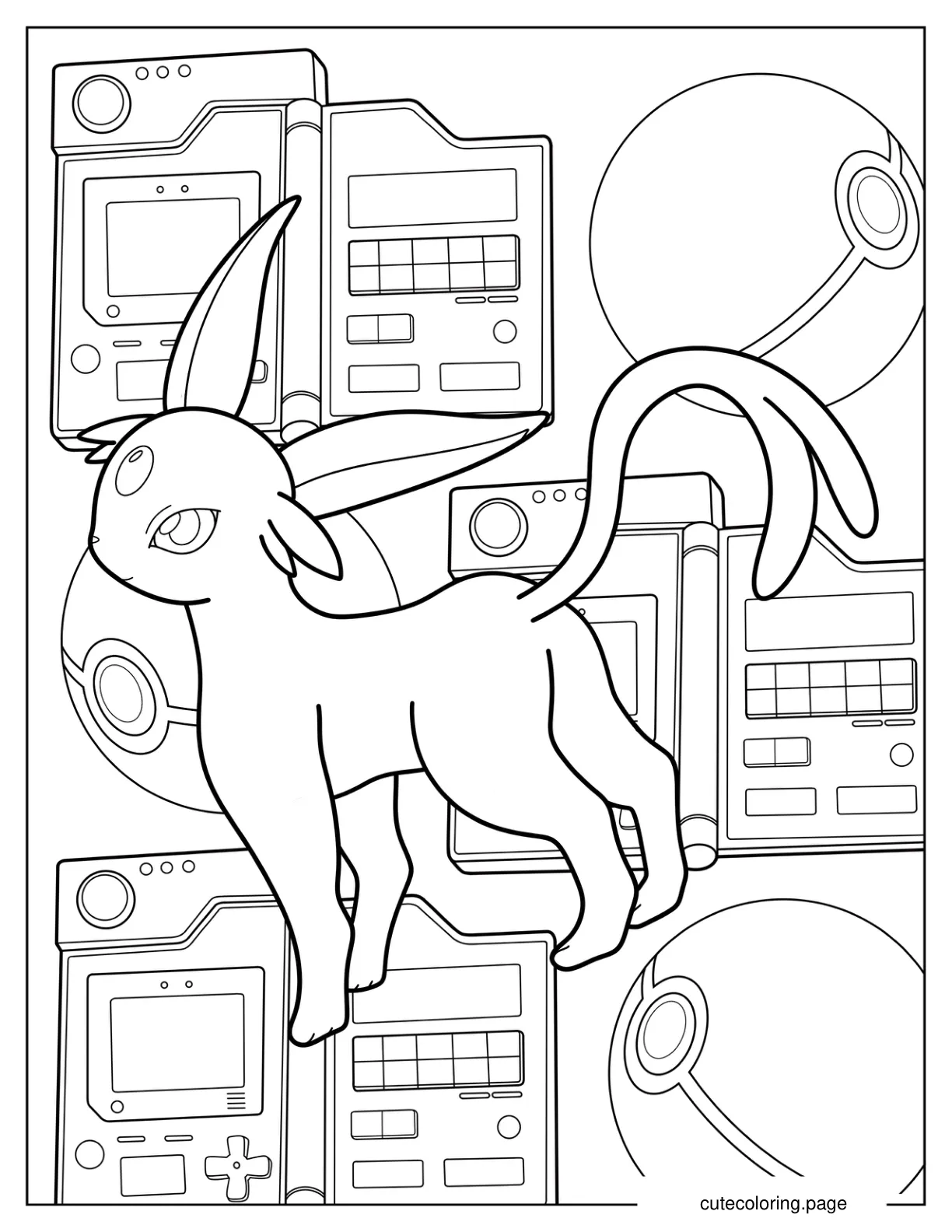 Espeon With Pokeball And Game Boy In The Background coloring page