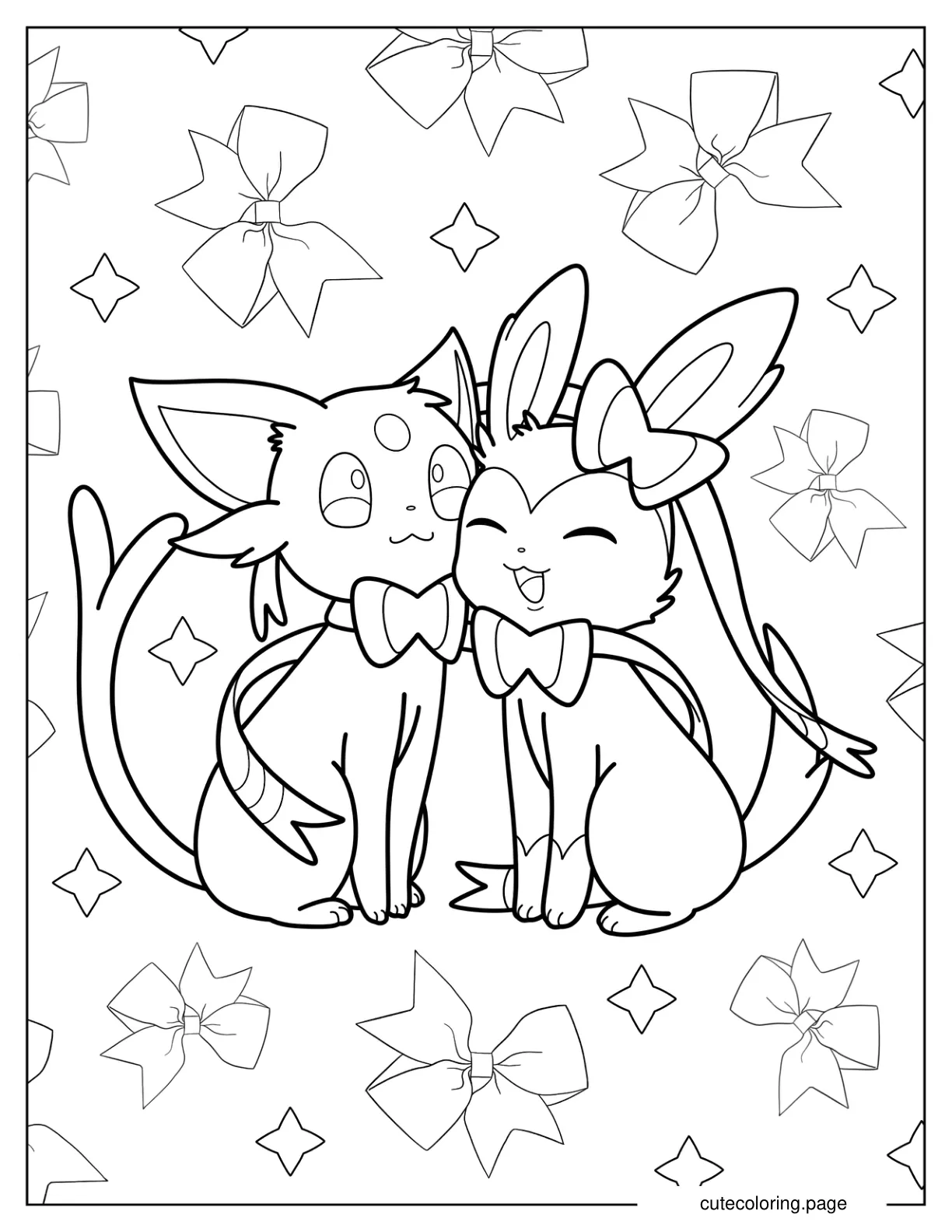 Happy Espeon And Sylveon Wearing Bows coloring page