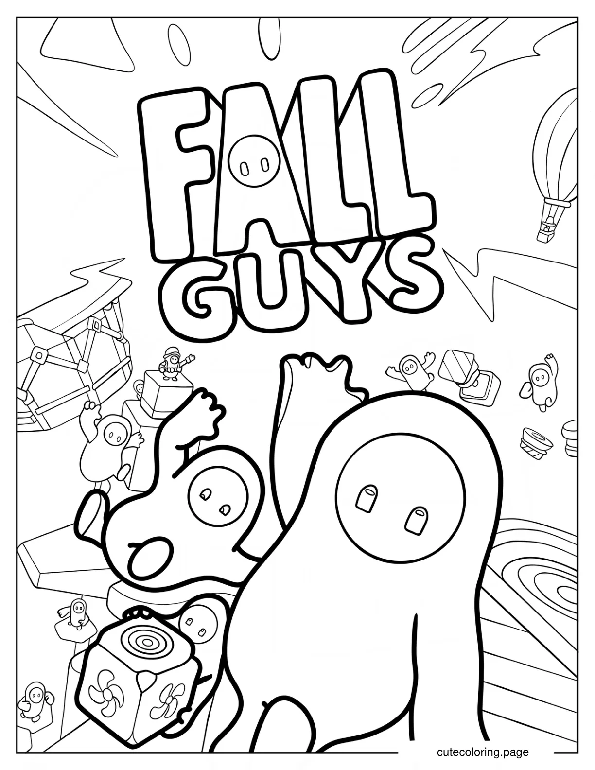 Fall Guys Logo With Beans Jumping Through Obstacles coloring page