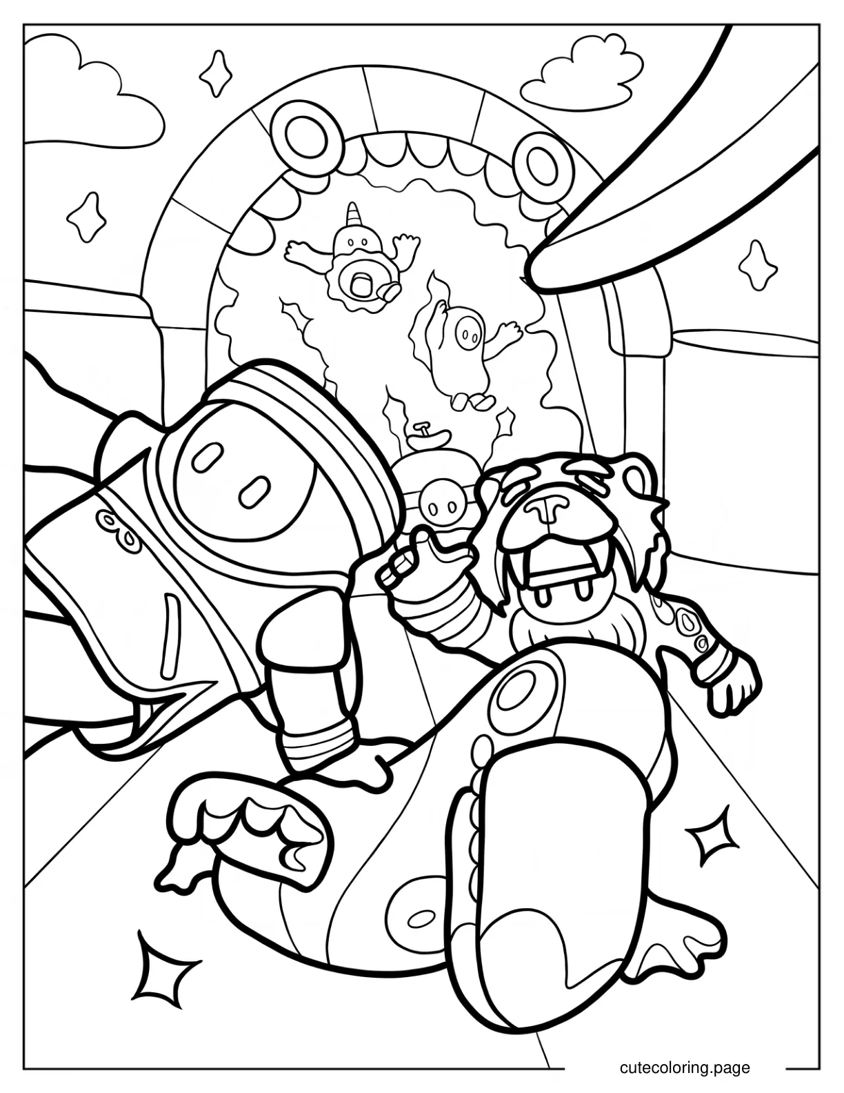 Fall Guys Rookie Bean Toucan Bean And Lion Bean Running coloring page