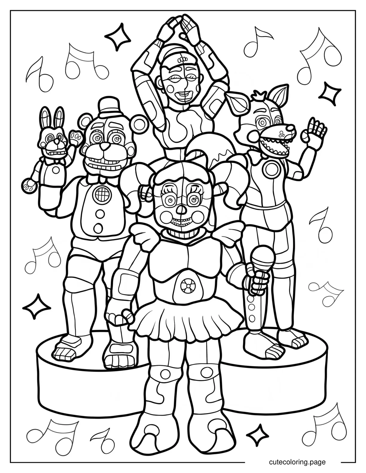 Freddy Fazbear Foxy Ballora And Circus Baby Performing Coloring Sheet coloring page