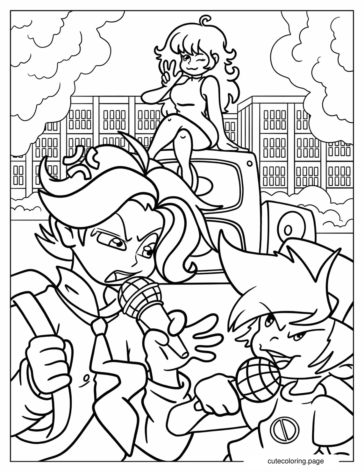 Senpai And Boyfriend Fighting With Girlfriend In The Background Friday Night Funkin Coloring Page coloring page