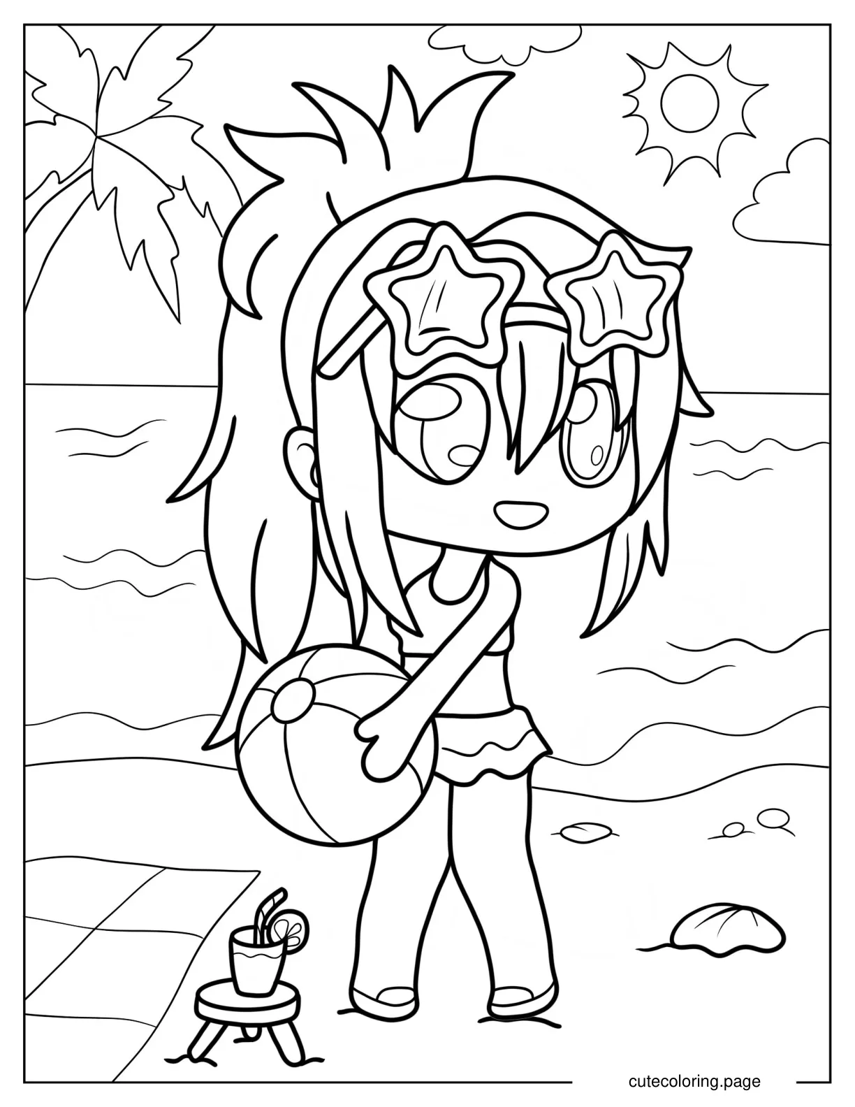 Cute Gacha Life Girl Holding Beach Ball Coloring Sheet coloring page