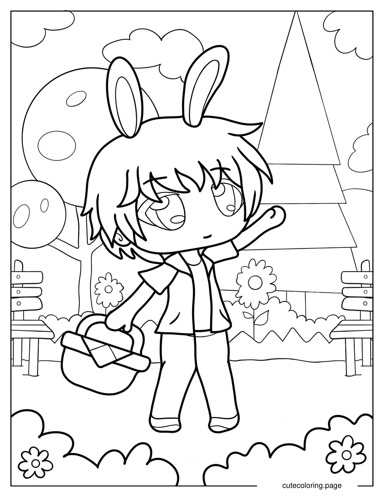 Kawaii Gacha Life Boy With Bunny Ears Holding Basket coloring page