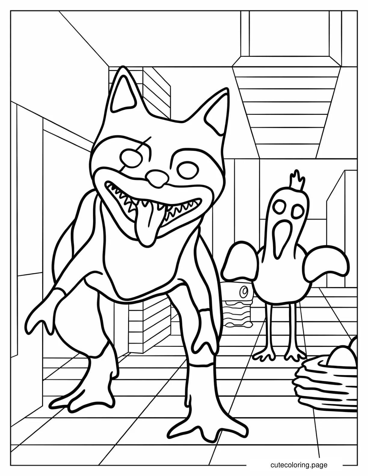 Garten Of Banban Scary Kittysaurus With Opila Bird Coloring Page coloring page