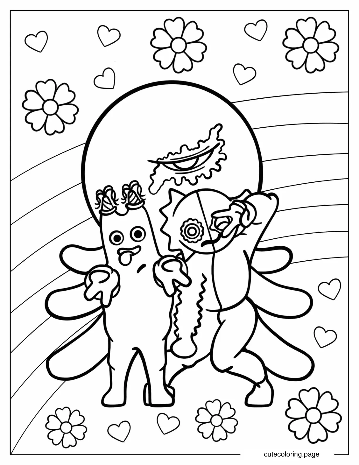 Garten Of Banban SmileyGiggles And Stinger Flynn With Rainbow Coloring Page coloring page