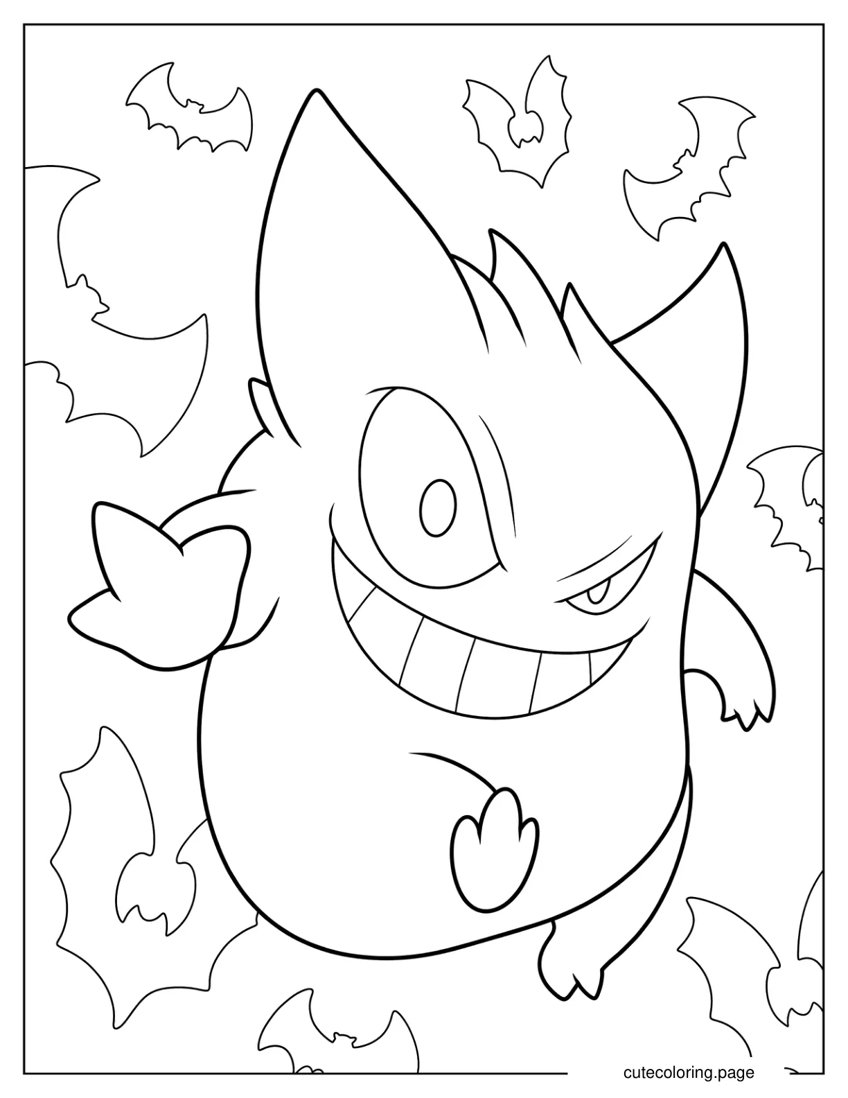 Creepy Gengar With Bats Halloween Coloring Page coloring page