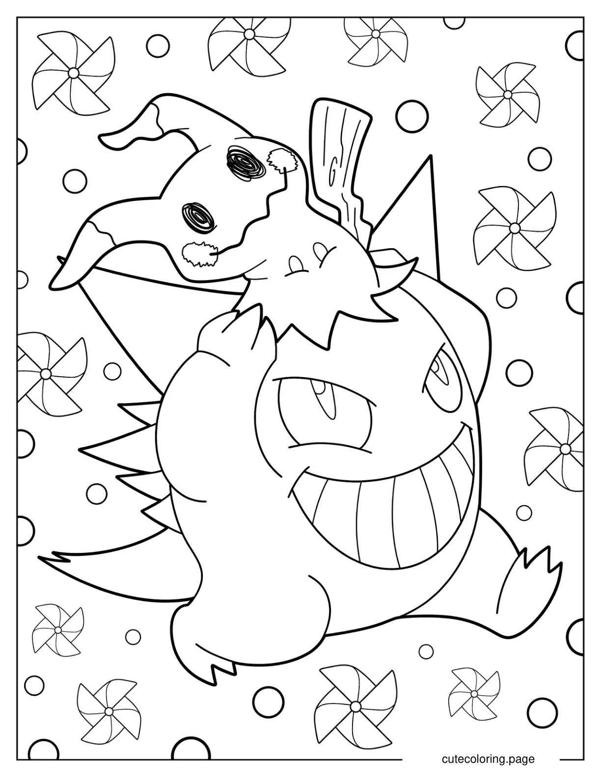 Cute Gengar Playing With Mimikyu coloring page