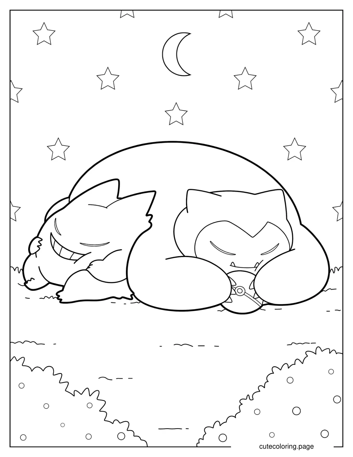 Easy Outline Of Gengar And Snorlax Sleeping Coloring Page For Kids coloring page