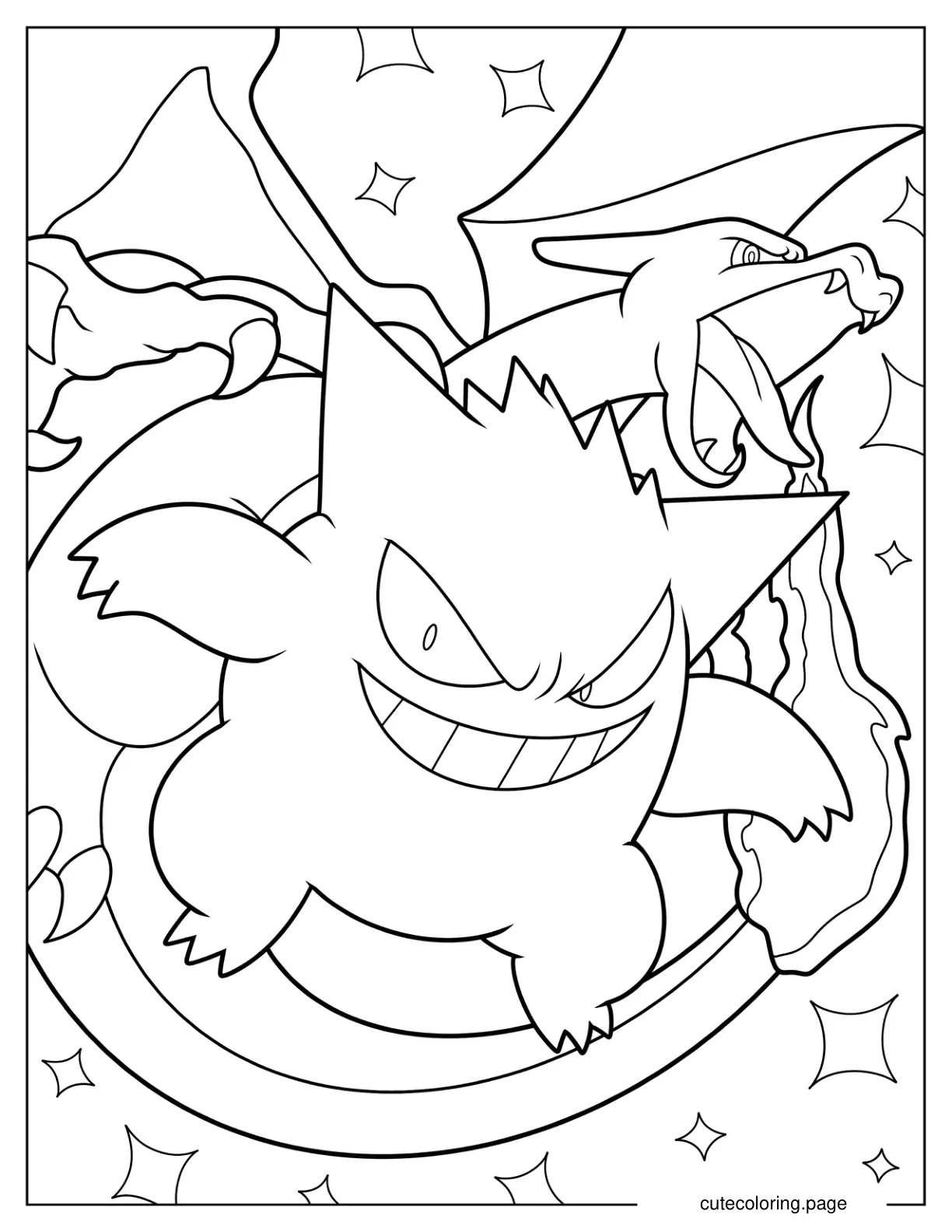 Gengar Fighting Alongside Charizard Coloring Sheet coloring page