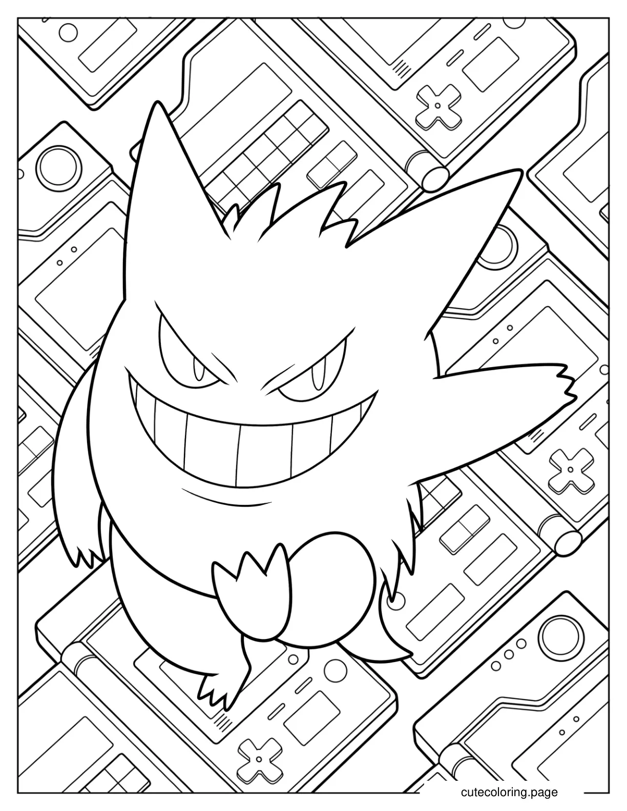 Gengar Smiling With Game Boy In Background coloring page