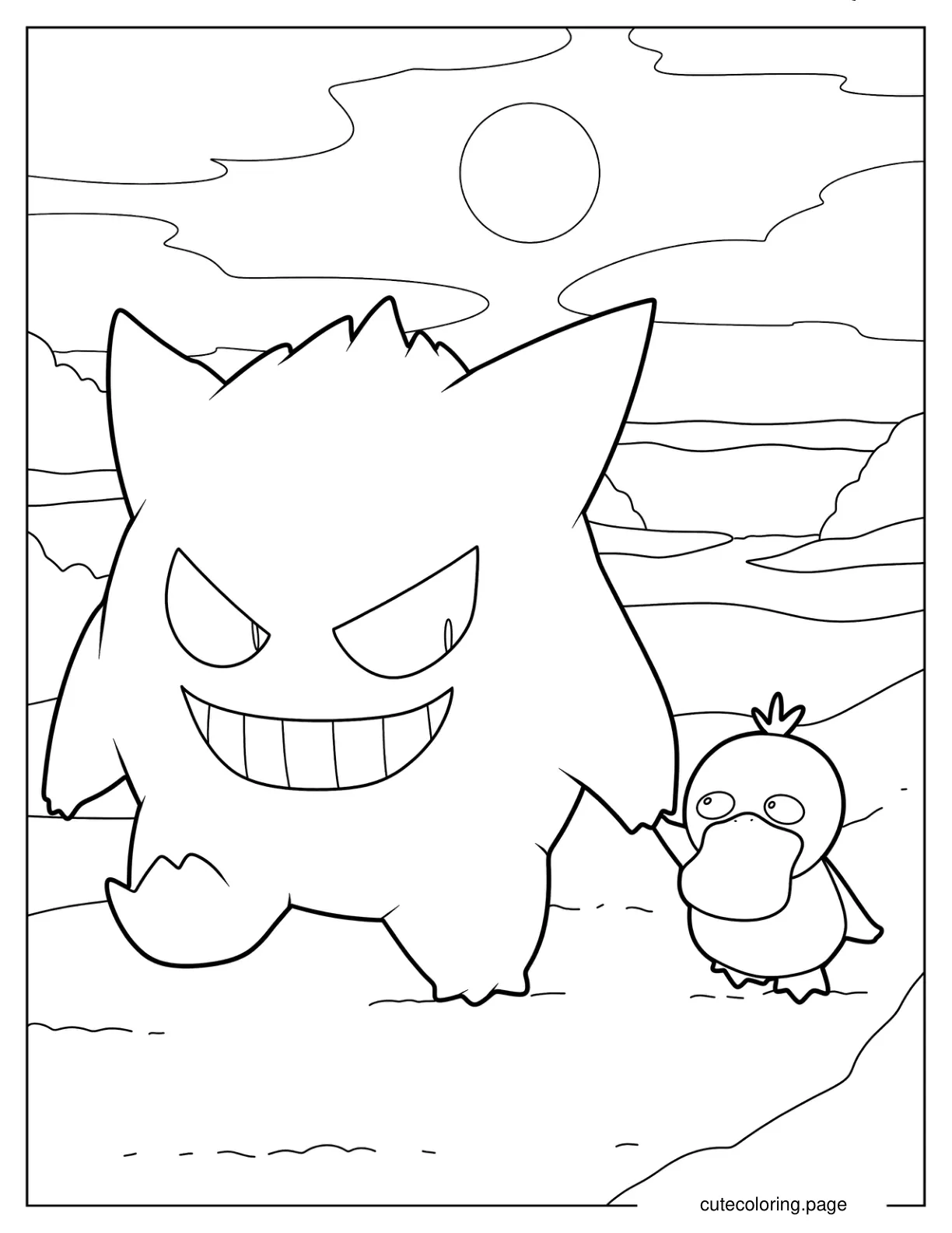 Gengar Walking With Psyduck Coloring Page coloring page